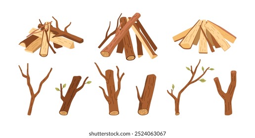 Logging twigs and wooden branches with leaves, isolated set of wood elements collection. Vector construction of chopped firewood for making fire. Lumber logs, tree trunk and planks material