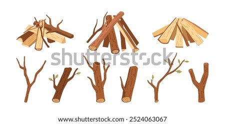 Logging twigs and wooden branches with leaves, isolated set of wood elements collection. Vector construction of chopped firewood for making fire. Lumber logs, tree trunk and planks material