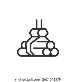 Logging vehicle with timber, linear icon. Transportation of harvested logs. Line with editable stroke.