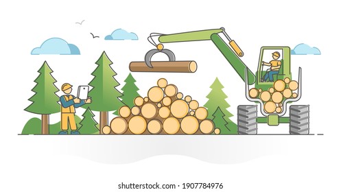 Logging wood as professional industrial forest cut process outline concept. Tree pile loading using heavy machinery operator vector illustration. Deforestation occupation for plank material resources.