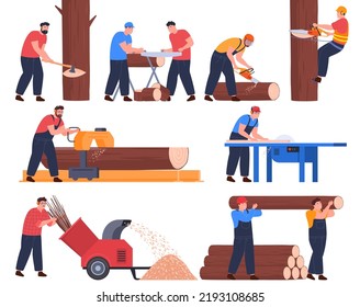 Logging, woodworking. Men are sawing and harvesting wood. Production of boards. Vector illustration