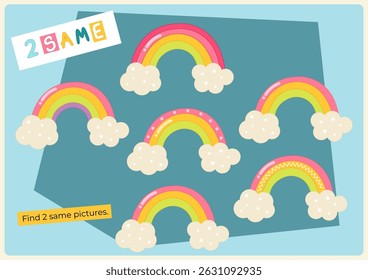 Logic activities for kids. Find two same rainbow. Games for kids. Vector illustration. Activity Flash card. Game to boost attention and focus.