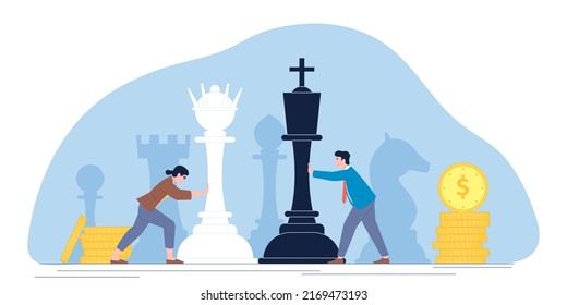 Logic business competition. Teamwork metaphor, chess game between people. Male and female confrontation, political challenges or tactic war recent vector concept