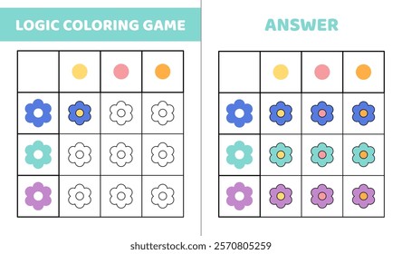 Logic coloring game with flower. Color the flower in correct color. Activity for kids in kindergarten and preschool. Isolated vector illustration eps 10