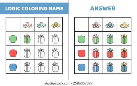 Logic coloring game with presents. Color the gift and bow in correct color. Activity for kids in kindergarten and preschool. Isolated vector illustration eps 10