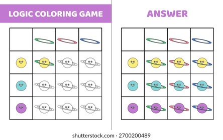Jogo de coloração lógica com saturno. Colorir o planeta na cor correta. Atividade para crianças em creche e pré-escola. Ilustração vetorial isolada eps 10