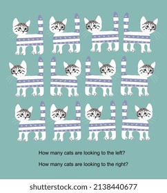 Logic educational game for kids "Left or Right". Spatial orientation with cats. Count how many cats are looking to the left? Count how many cats are looking to the right?