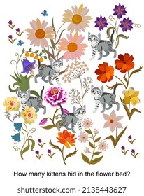 Logic educational game for kids. Mindfulness training with flowers and cats. How many kittens hid in the flower beds? Vector illustration. Study sheet.