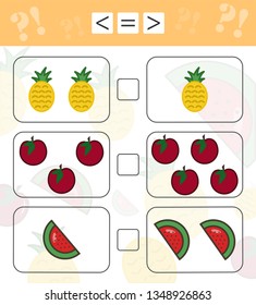 Logic educational game for preschool children. Count the fruits and сhoose the correct answer. Greater than, less than or equal to. Vector illustration 