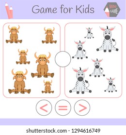 Logic educational game for preschool children.Cartoon funny robots. Choose the correct answer. Greater than, less than or equal to