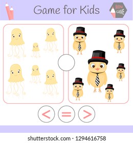 Logic educational game for preschool children.Cartoon funny robots. Choose the correct answer. Greater than, less than or equal to