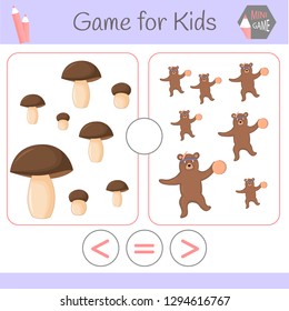 Logic educational game for preschool children.Cartoon funny robots. Choose the correct answer. Greater than, less than or equal to