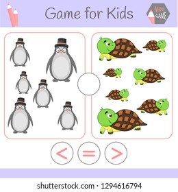 Logic educational game for preschool children.Cartoon funny robots. Choose the correct answer. Greater than, less than or equal to