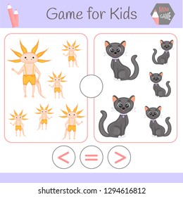 Logic educational game for preschool children.Cartoon funny robots. Choose the correct answer. Greater than, less than or equal to