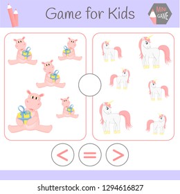 Logic educational game for preschool children.Cartoon funny robots. Choose the correct answer. Greater than, less than or equal to
