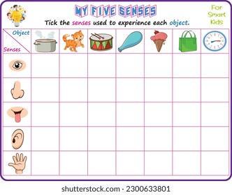 Logic educational science printable worksheet for smart kids to analyze which of the five senses could be used in recognizing the objects in the pictures and tick the appropriate senses 