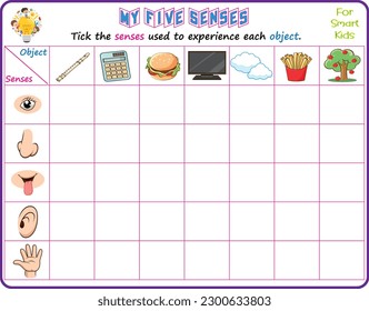 Logic educational science printable worksheet for smart kids to analyze which of the five senses could be used in recognizing the objects in the pictures and tick the appropriate senses 