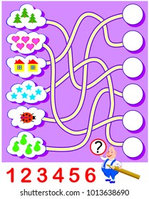 Logic exercise for children. Need to count the quantity of objects and write the numbers in corresponding circles. Vector cartoon image.