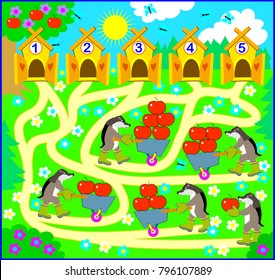 Logic exercise for children. Need to count the quantity of apples and draw the way from each animal till correct house. Vector cartoon image.