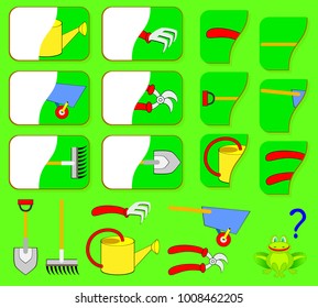Logic exercise for children. Need to find the second parts of garden tools and draw them in relevant places. Vector image.