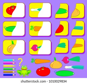 Logic exercise for children. Need to find the second parts of vegetables and draw them in relevant places. Vector image.