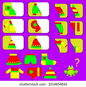 Logic exercise for children. Need to find the second parts of clothes and draw them in relevant places. Vector image.