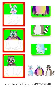 Logic exercise for children - need to find the second parts of animals and draw them in relevant places. Developing skills for drawing. Vector image.