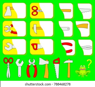 Logic exercise for children. Need to find the second parts of tools and draw them in relevant places. Vector image.