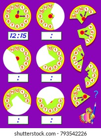 Logic exercise for children. Need to find the second parts of clocks, draw them in relevant places and write correct time. Vector image.