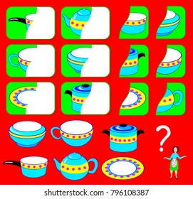 Logic exercise for children. Need to find the second parts of dishes and draw them in relevant places. Vector image.