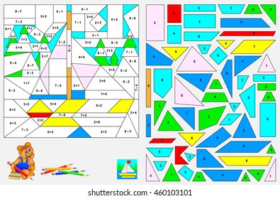 Logic exercise for children - need to solve examples, find the figures and paint the image in relevant colors. Developing skills for counting. Vector image.