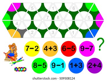 Logic exercise for children with Triomino game. Need to solve examples and to paint the circles in triangles correctly. Developing skills for counting. Vector image.