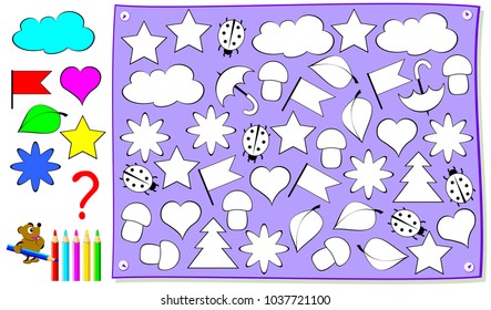 Logic exercise for kids. Need to find all white figures the same as in the example and paint them. Vector cartoon image.