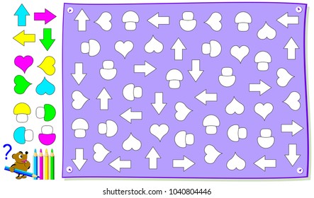 Logic exercise for kids. Need to paint all figures corresponding example. Vector cartoon image.