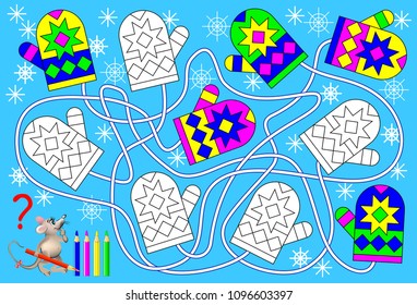Logic exercise for young children. Find the pare for each mitten and paint them in relevant colors. Vector cartoon image.