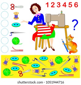 Logic exercise for young children. How many objects the cat has stolen from the dressmaker? Count the quantity and write the numbers in corresponding circles. Vector cartoon image.