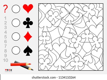Logic exercise for young children. How many pieces of each card suit can you find? Count the quantity, paint them and write the numbers in circles. Vector cartoon image.