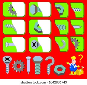 Logic exercise for young children. Need to find the second parts of fastening materials and draw them in relevant places. Vector image.