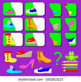Logic exercise for young children. Need to find the second parts of shoes and draw them in relevant places. Vector image.