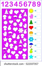 Logic exercise for young children. Need to paint and count the objects, then to write corresponding numbers in empty squares. Vector image.