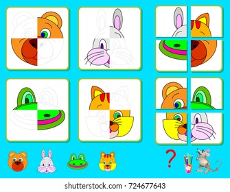 Logic exercise for young children. Need to find the missing parts of animals and draw them in relevant places. Vector cartoon image.