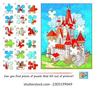 Logikspiel für Kinder und Erwachsene. Kannst du Puzzleteile finden, die aus dem Bild gefallen sind? Seite für Kinder Gehirn Teaser Buch. Aufgabe für Aufmerksamkeit. Entwicklung des räumlichen Denkens. Spielen Sie online. 