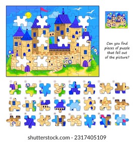 Logikspiel für Kinder und Erwachsene. Kannst du Puzzleteile finden, die aus dem Bild gefallen sind? Seite für Kinder Gehirn Teaser Buch. Aufgabe für Aufmerksamkeit. Entwicklung des räumlichen Denkens. Spielen Sie online. 