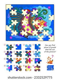 Logikspiel für Kinder und Erwachsene. Kannst du Puzzleteile finden, die aus dem Bild gefallen sind? Seite für Kinder Gehirn Teaser Buch. Aufgabe für Aufmerksamkeit. Entwicklung des räumlichen Denkens. Spielen Sie online.