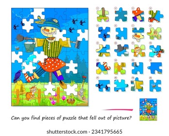 Logikspiel für Kinder und Erwachsene. Kannst du Puzzleteile finden, die aus dem Bild gefallen sind? Seite für Kinder Gehirn Teaser Buch. Aufgabe für Aufmerksamkeit. Entwicklung des räumlichen Denkens. Spielen Sie online.