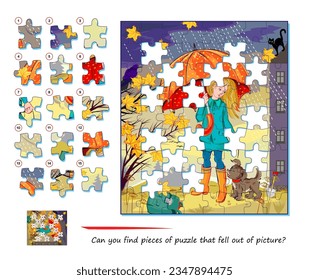 Logic game for children and adults. Can you find pieces of puzzle that fell out of picture? Page for kids brain teaser book. Task for attentiveness. Developing spatial thinking. Play online.