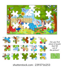 Logic game for children and adults. Can you find pieces of puzzle that fell out of picture? Page for kids brain teaser book. Task for attentiveness. Developing spatial thinking. Vector illustration.