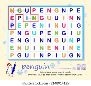 Logic game for children and adults. Educational word search puzzle. Draw the lines so each piece contains letters PENGUIN. Page for kids brain teaser book. Task for attentiveness. IQ test. Play online