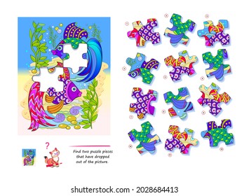 Logic game for children and adults. Find two puzzle pieces that have dropped out of picture. Printable page for kids brain teaser book. Developing spatial thinking. Play online. Vector illustration.