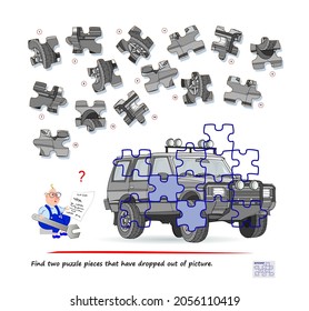 Logic game for children and adults. Find two puzzle pieces that have dropped out of picture. Printable page for kids brain teaser book. Developing spatial thinking. Play online. Vector illustration.